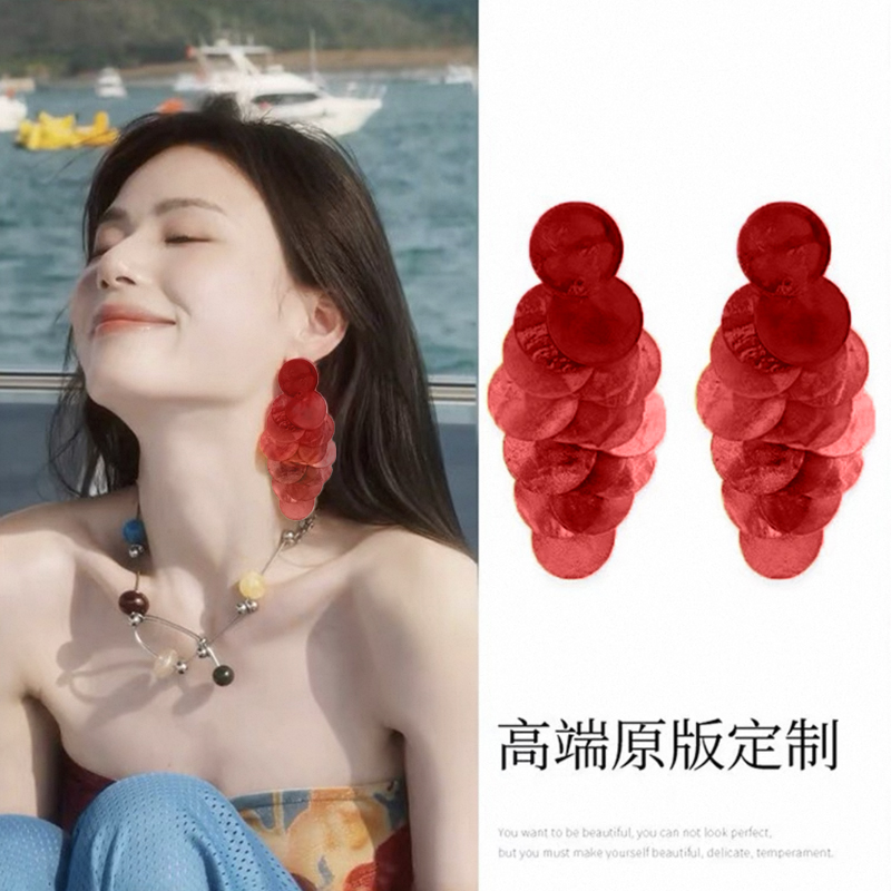 非金属仿珍珠耳饰 贝壳圆片流苏耳钉海边度假风耳环