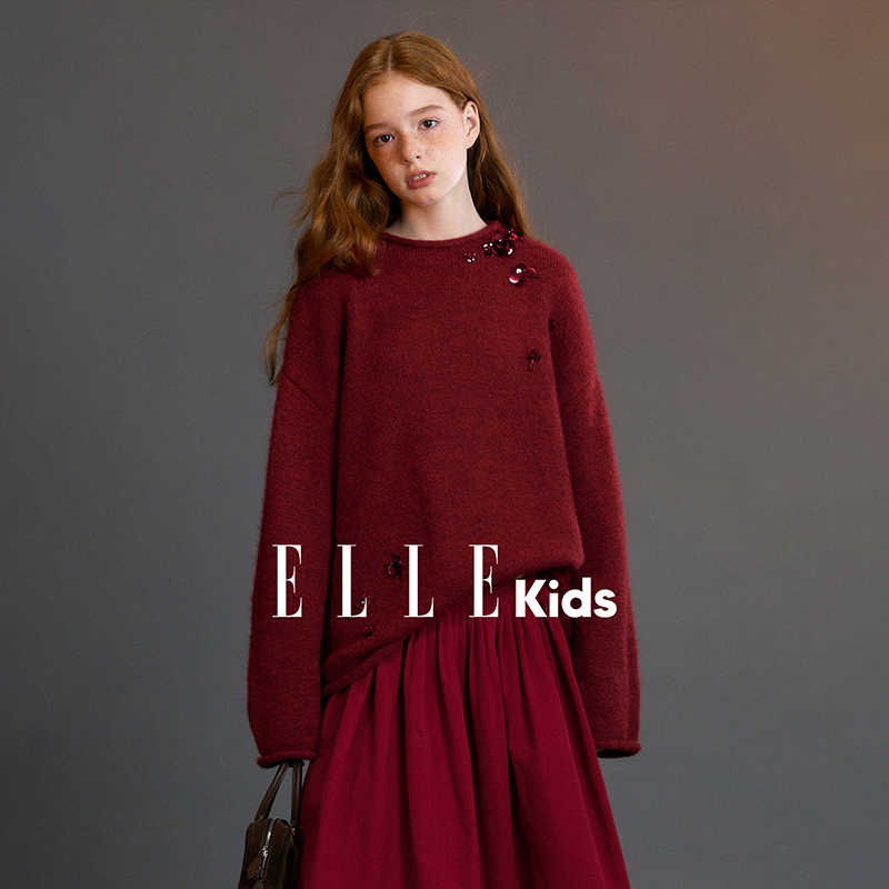 ELLE KIDS童装 秋冬新年氛围感粗棒针卷边手工钉花套头毛衣N4