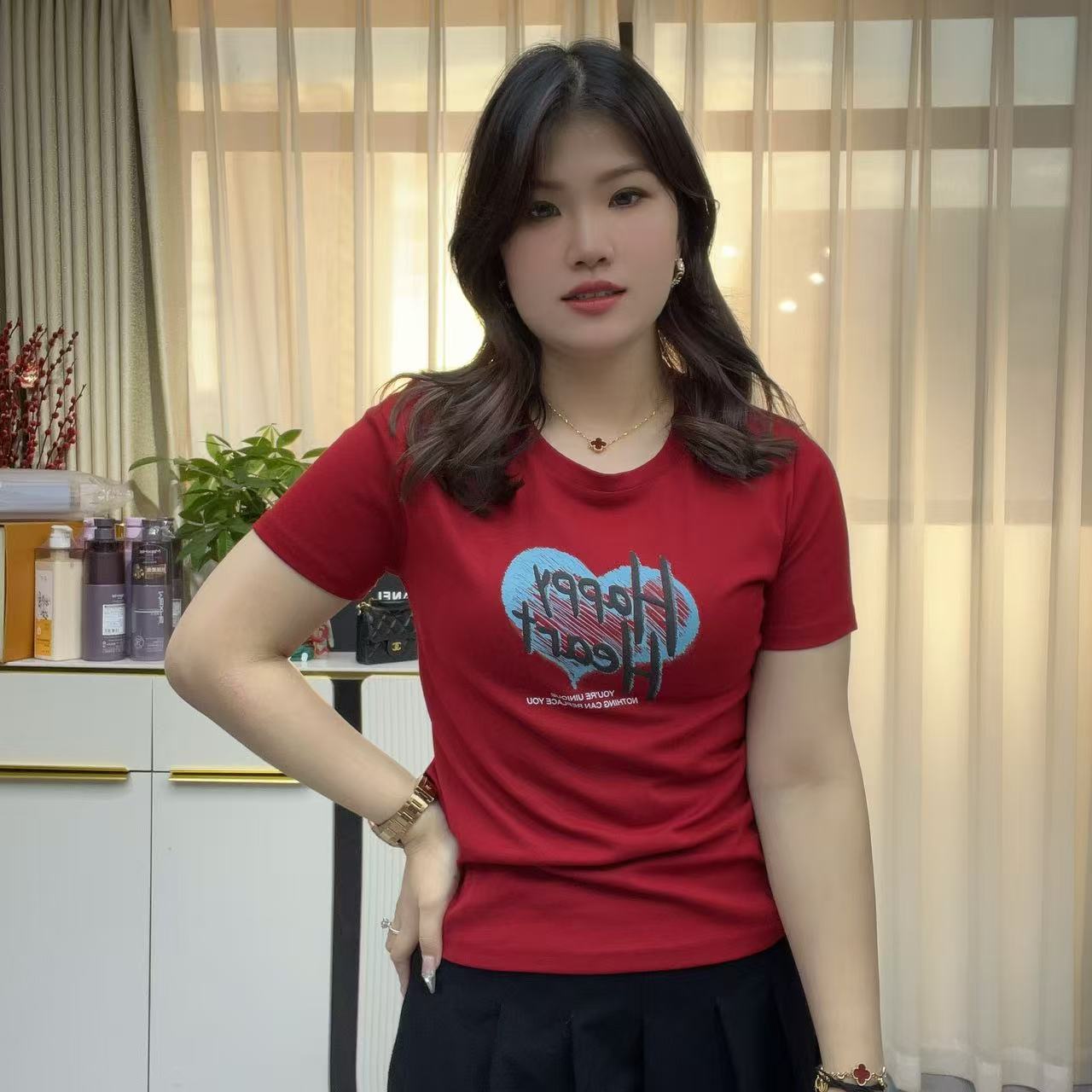 小鑫肝@现货浮力圆领爱心字母印花装饰时尚百搭T恤 2507