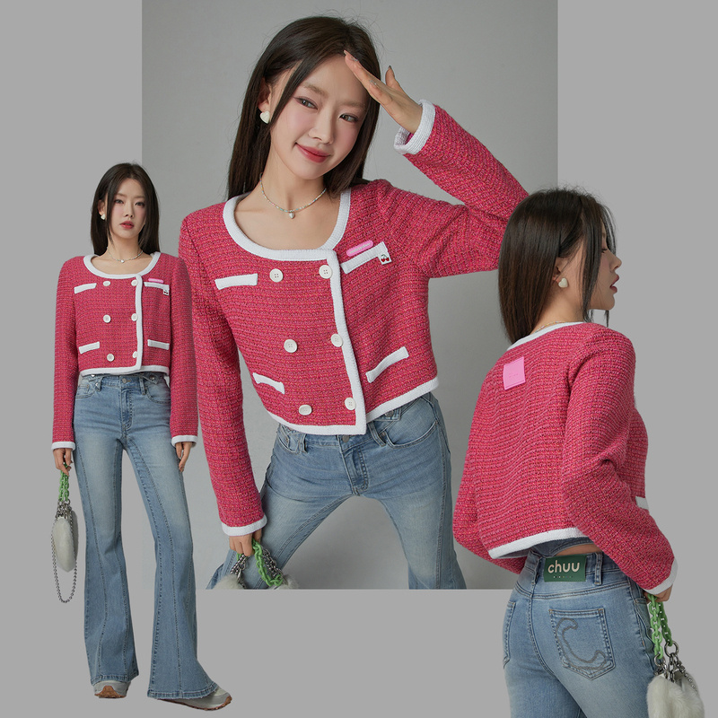 304J【云C专属】CHUU小香风撞色长袖短外套红色呢大衣-F