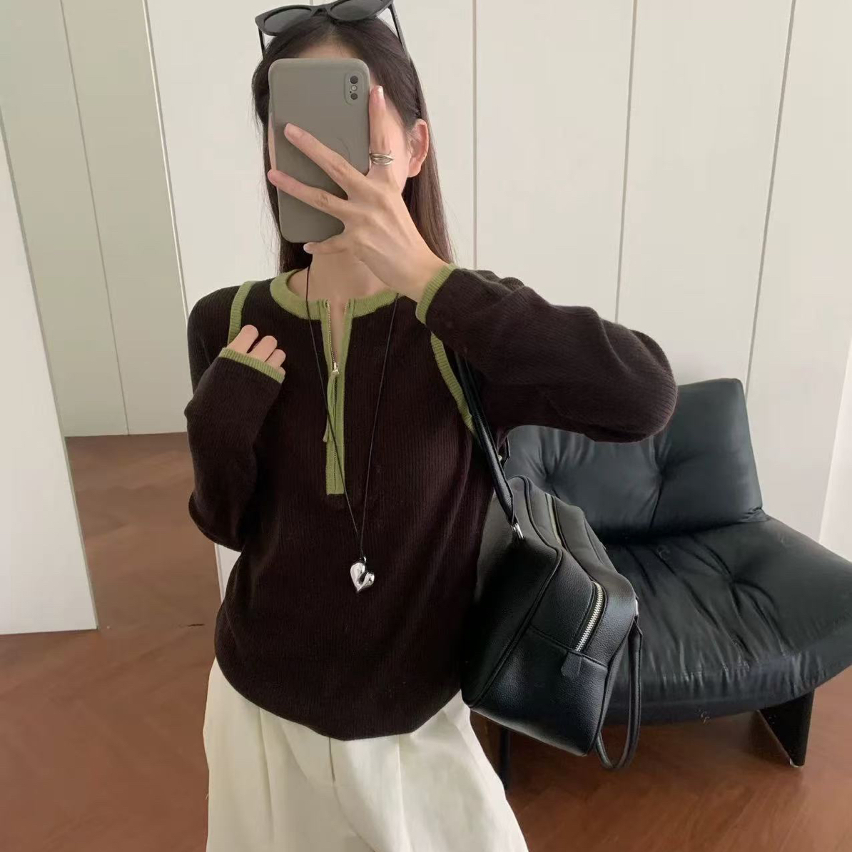 韩系2025秋冬新款半拉链撞色长袖针织衫女时尚显瘦百搭打底5849