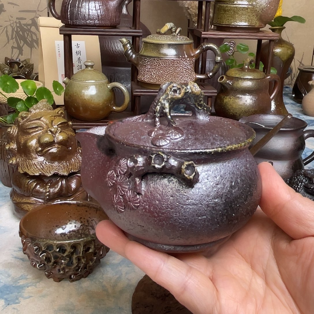 柴烧粗泥仿生宝瓶壶