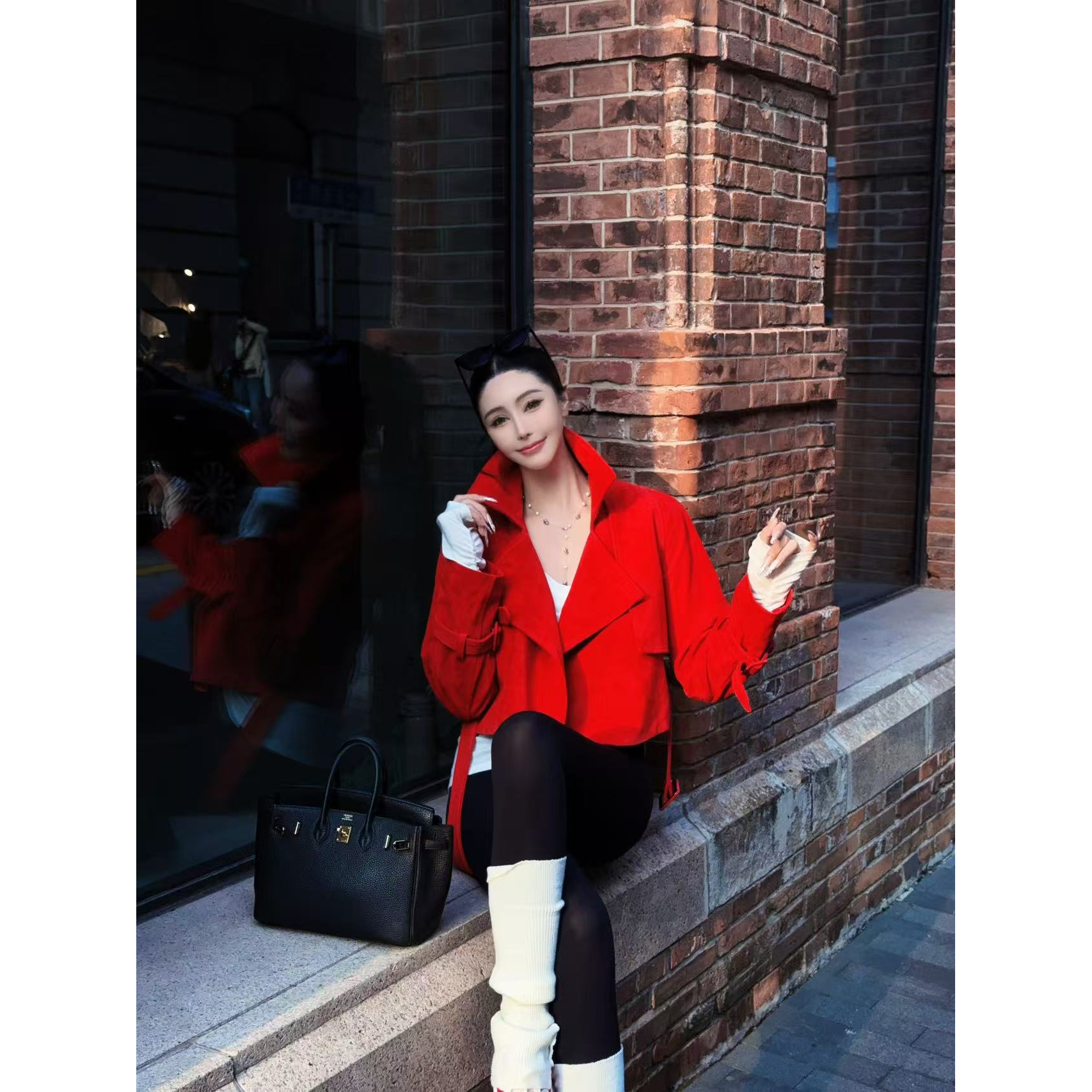 DUOMI【布朗女神】】红黑咖三色开衫腰带三角翻领上衣皮衣