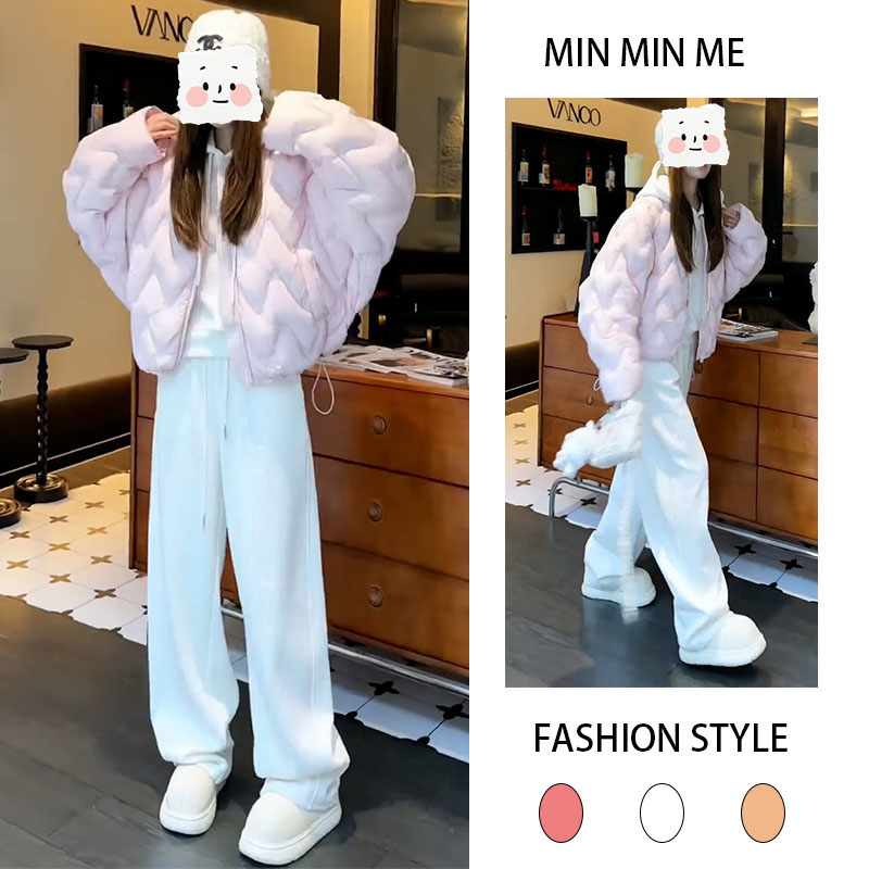 2025秋冬季新款设计感极简风棉服内搭加绒卫衣加绒休闲卫裤三件套