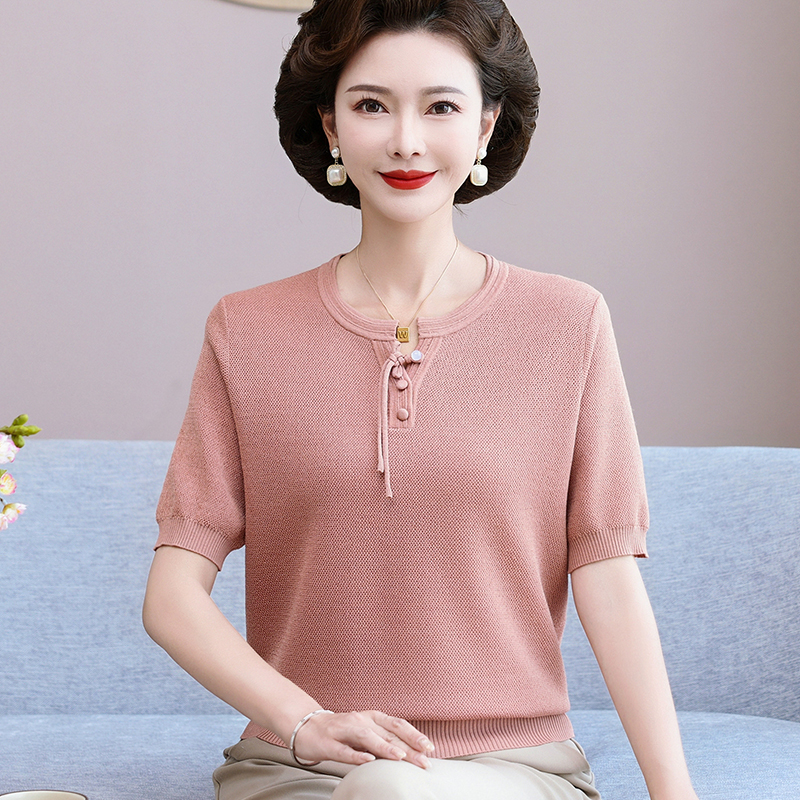 妈妈夏季薄款针织小衫洋气气质2025新款中老年女夏装短袖T恤上衣