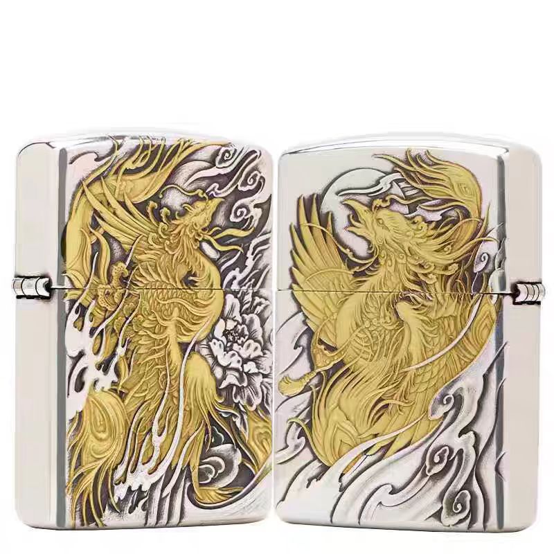 ZIPPO正品打火机/镀银鎏金盔甲【凤凰涅槃】雕刻男士收藏DYJ1