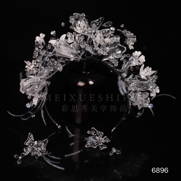 6896新娘皇冠羽毛公主高级银灰王冠甜美婚纱造型精致头饰