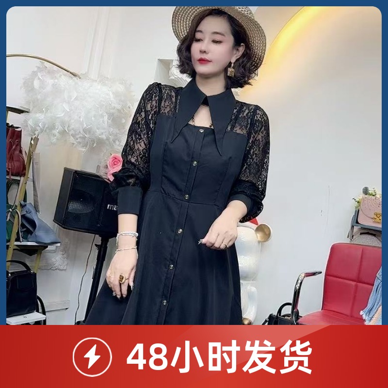 X2562316新款通勤蕾丝拼接潮流黑色洋气气质连衣裙裙子