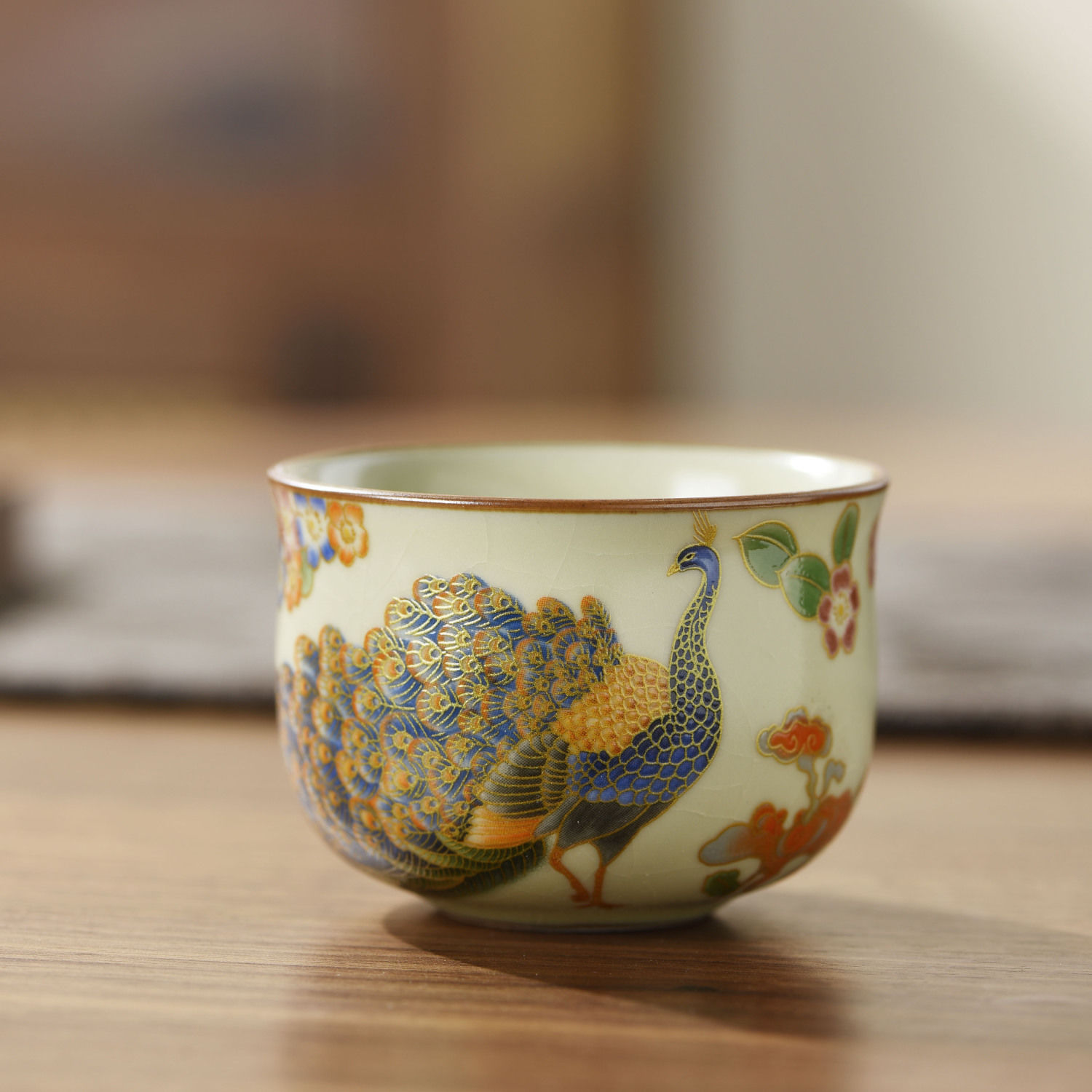 新中式孔雀杯陶瓷主人杯茶杯大号禅定主人杯可养开片复古汝窑中式