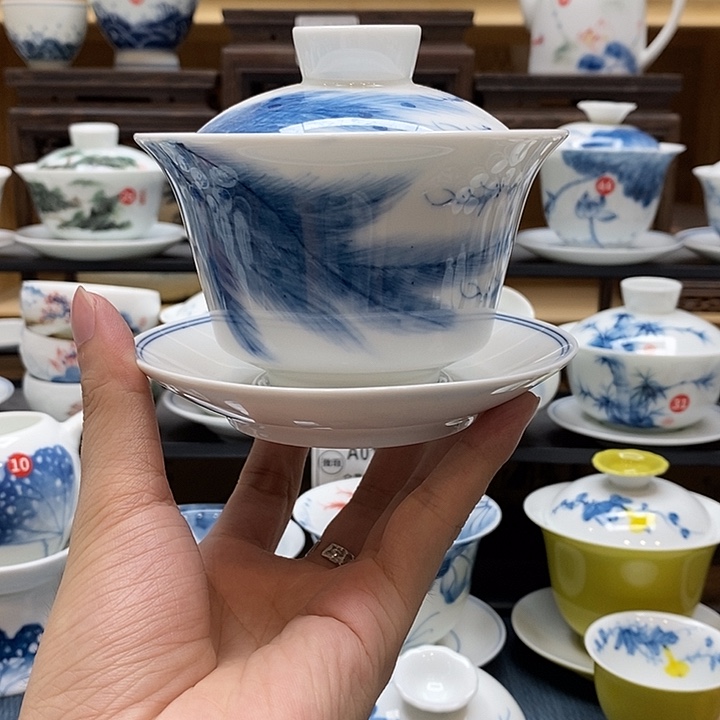 手绘孔雀翎盖碗220cc釉下彩微瑕福利款