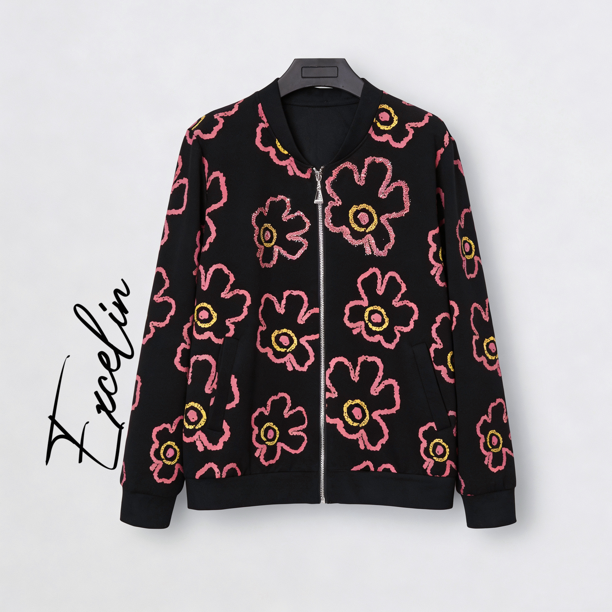 断码孤品EXC928玫粉花花棒球服拉链开衫外套秋季显瘦上衣