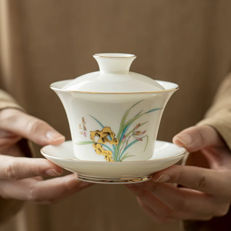 【拉萨发货】高骨瓷蕙质兰心三才盖碗