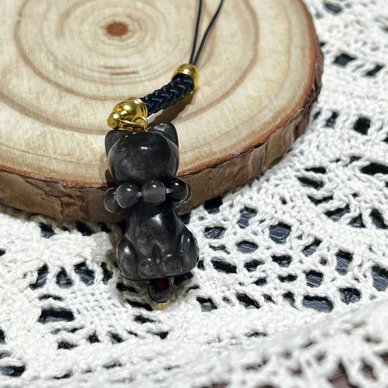 【十六珠宝】银曜石小猫手机挂设计款LY406多样性发一