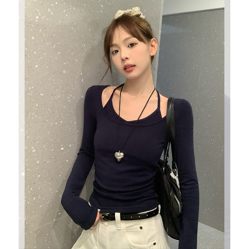 翰代维辣妹挂脖长袖T恤女秋季新款修身内搭假两件显瘦打底衫上衣