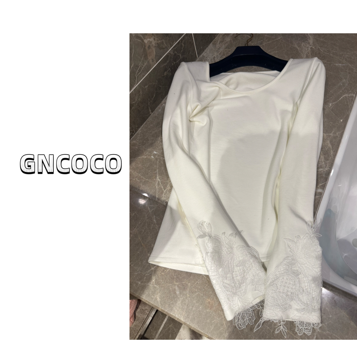 加厚磨毛秋冬精致感蕾丝袖圆领上衣T恤女内搭打底衫