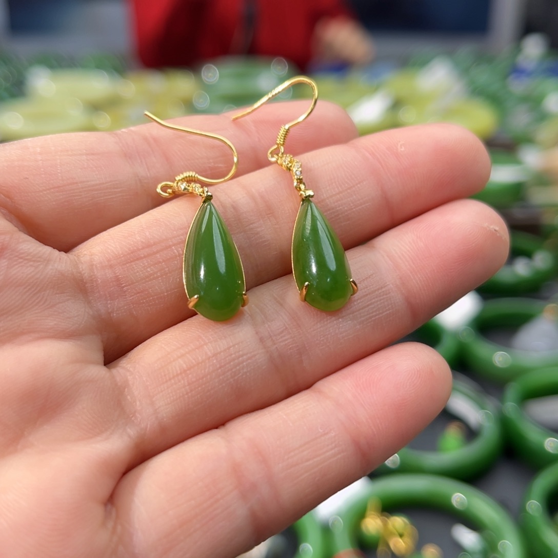 和田玉耳饰银S925镶嵌