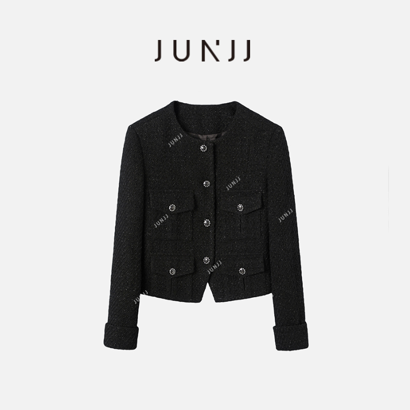 JUNJJ【星河万里】2024年秋轻奢小香风黑色时尚感百搭休闲圆领外套
