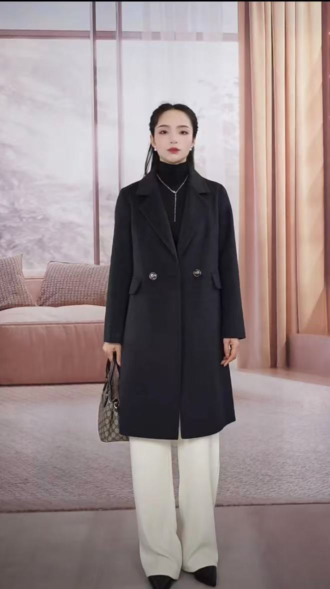 【长毛加厚中长款】2025新款双面羊毛大衣气质正肩修身双排扣大衣