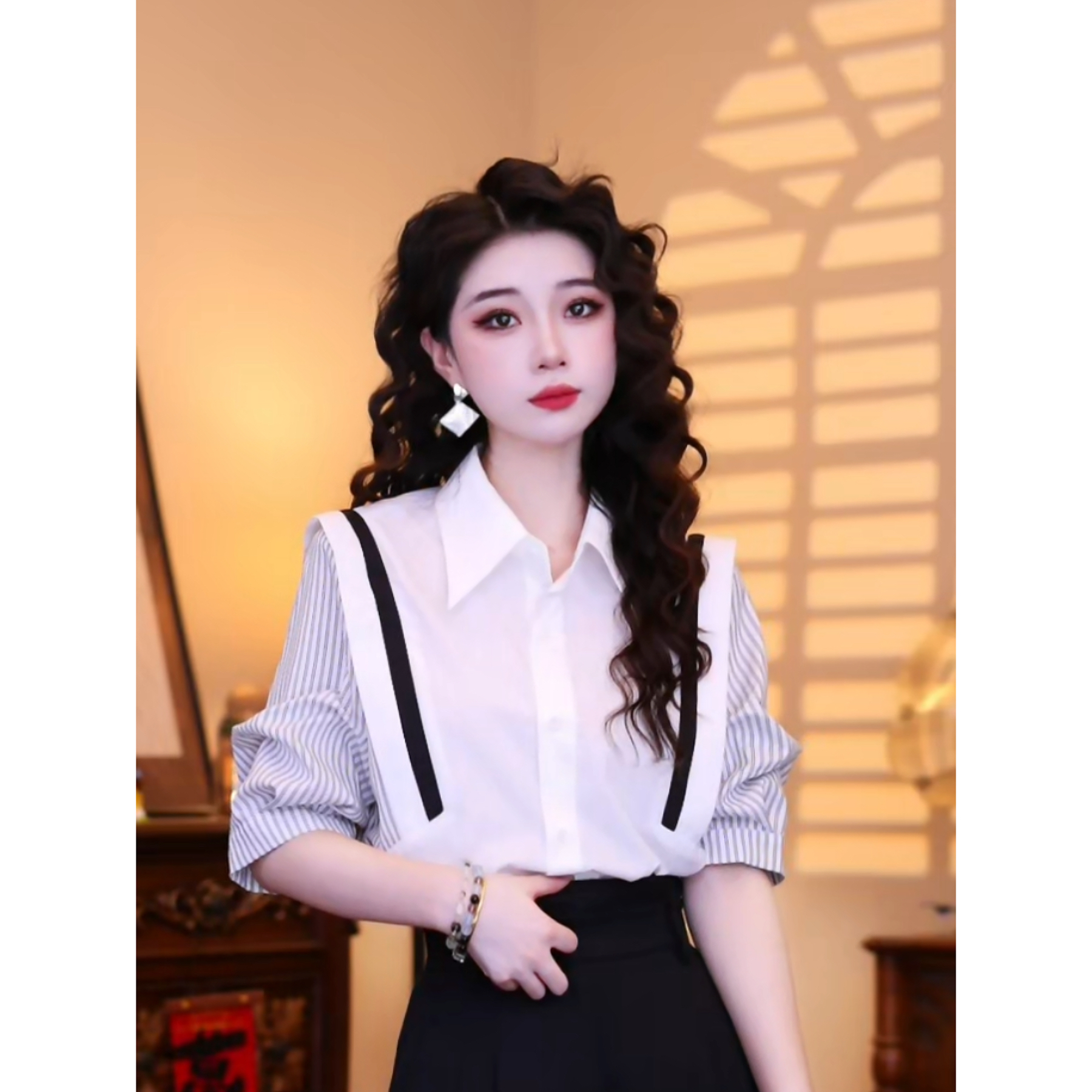 蒋肉肉【休闲日记】港味复古时尚气质短袖上衣02668