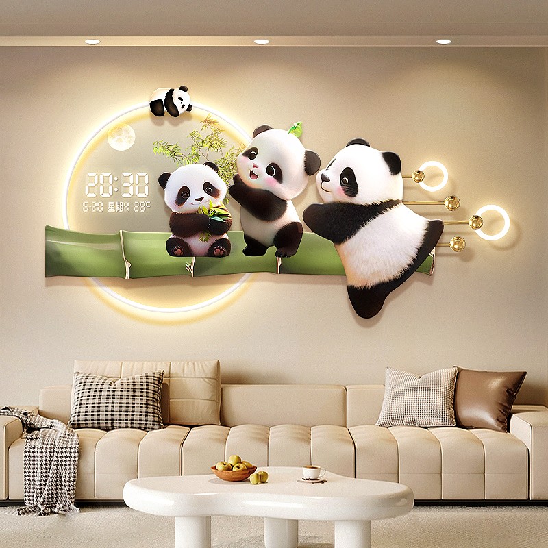 卡通熊猫万年历挂钟沙发背墙装饰画竹子客厅背景墙挂画背景墙壁画