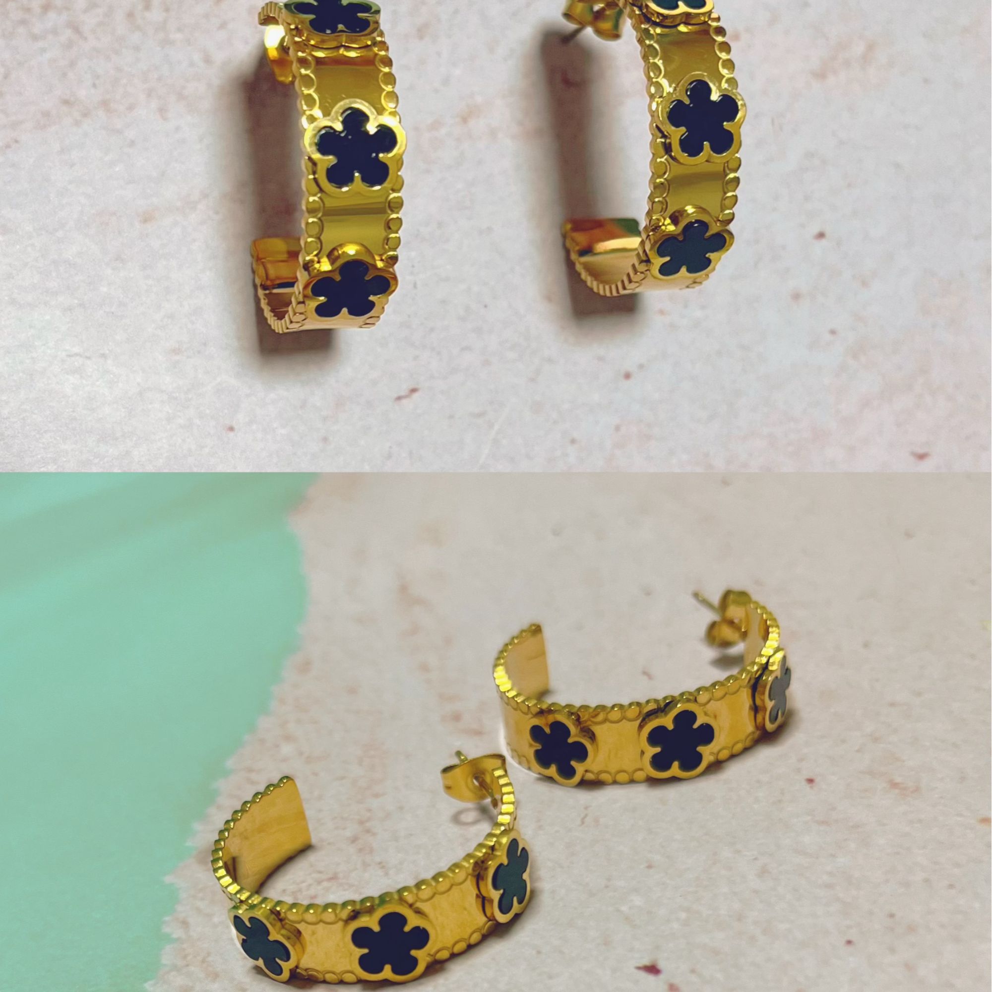 钛钢琉璃耳饰 1248钛钢高定重工立体黑色花朵耳环，耳圈2.5厘米