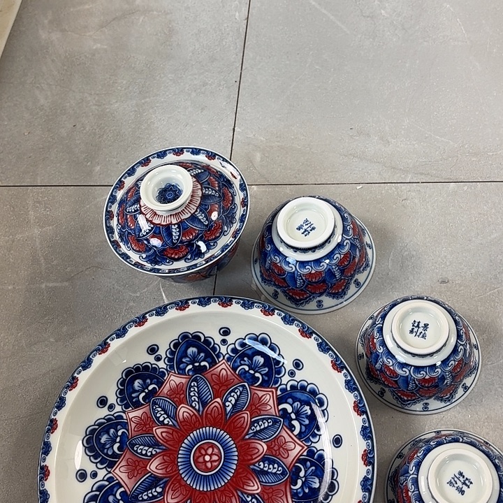 瓷片釉里红曼陀罗花5件套