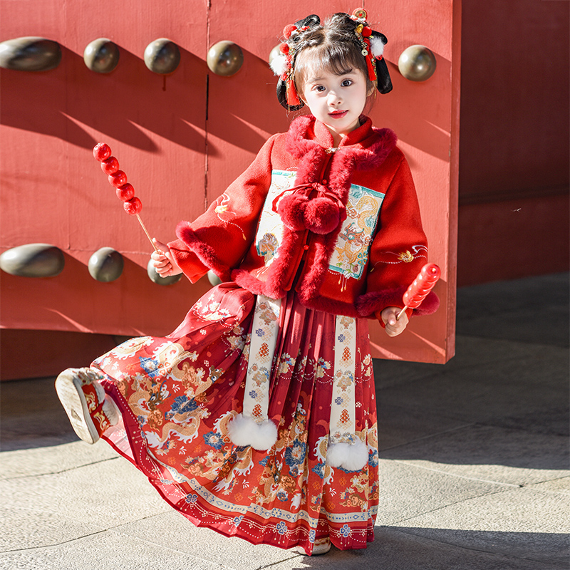 SL3326女童汉服马面裙套装冬季2025新款儿童拜年服秋冬款连衣裙