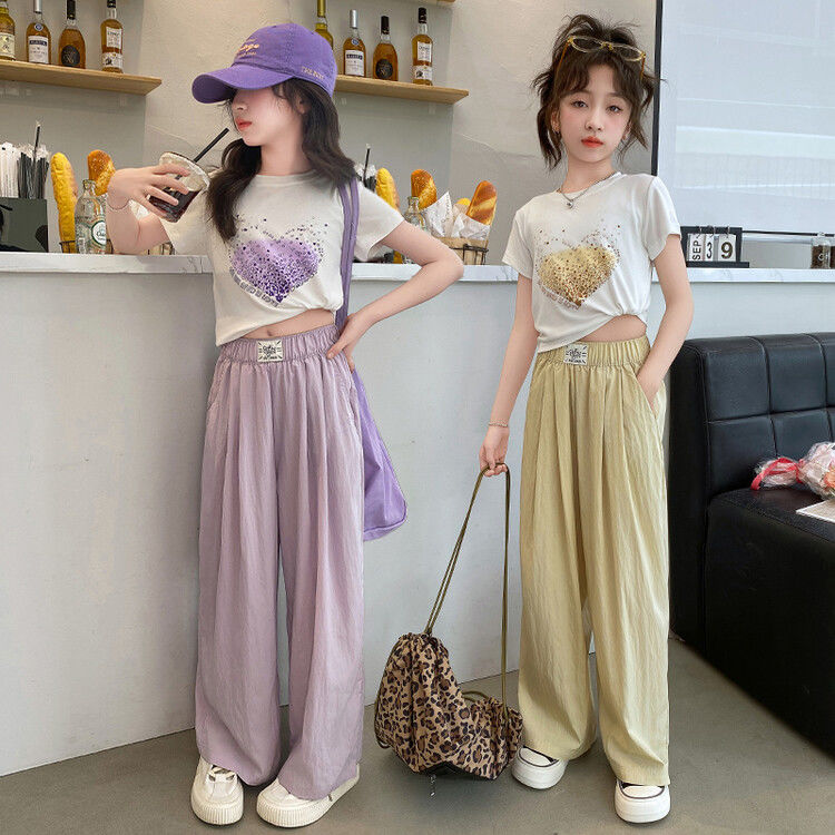 女大童夏季山本裤套装2025新款女孩洋气韩范T恤冰丝阔腿裤两件套