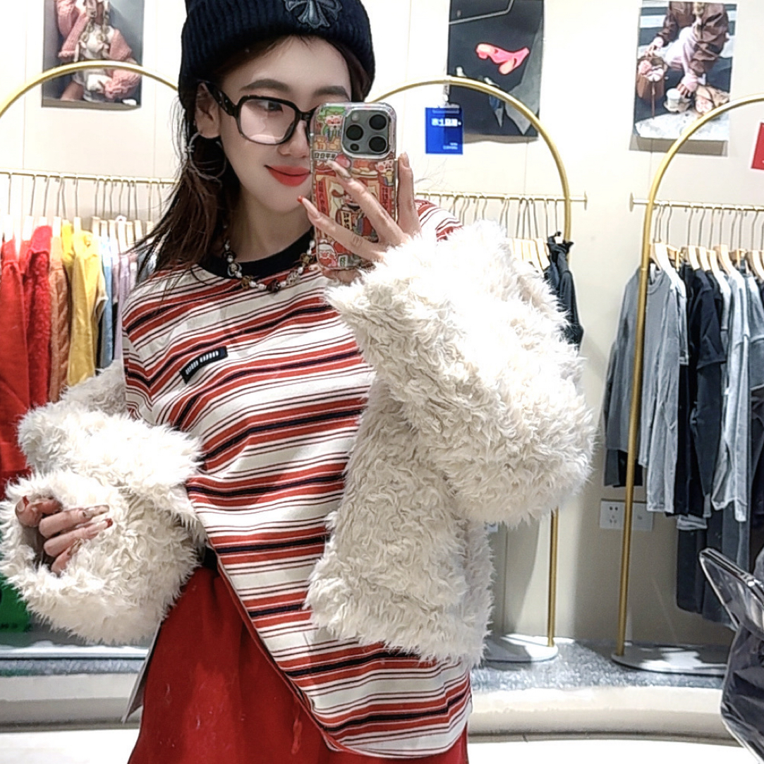 冬季新款撞色条纹拼接字母贴布时尚洋气百搭长袖T恤女上衣