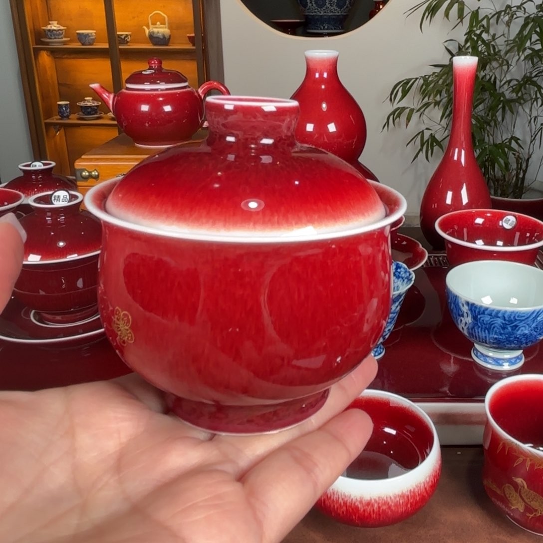 杯景德镇原矿朗红杯 布袋盖碗