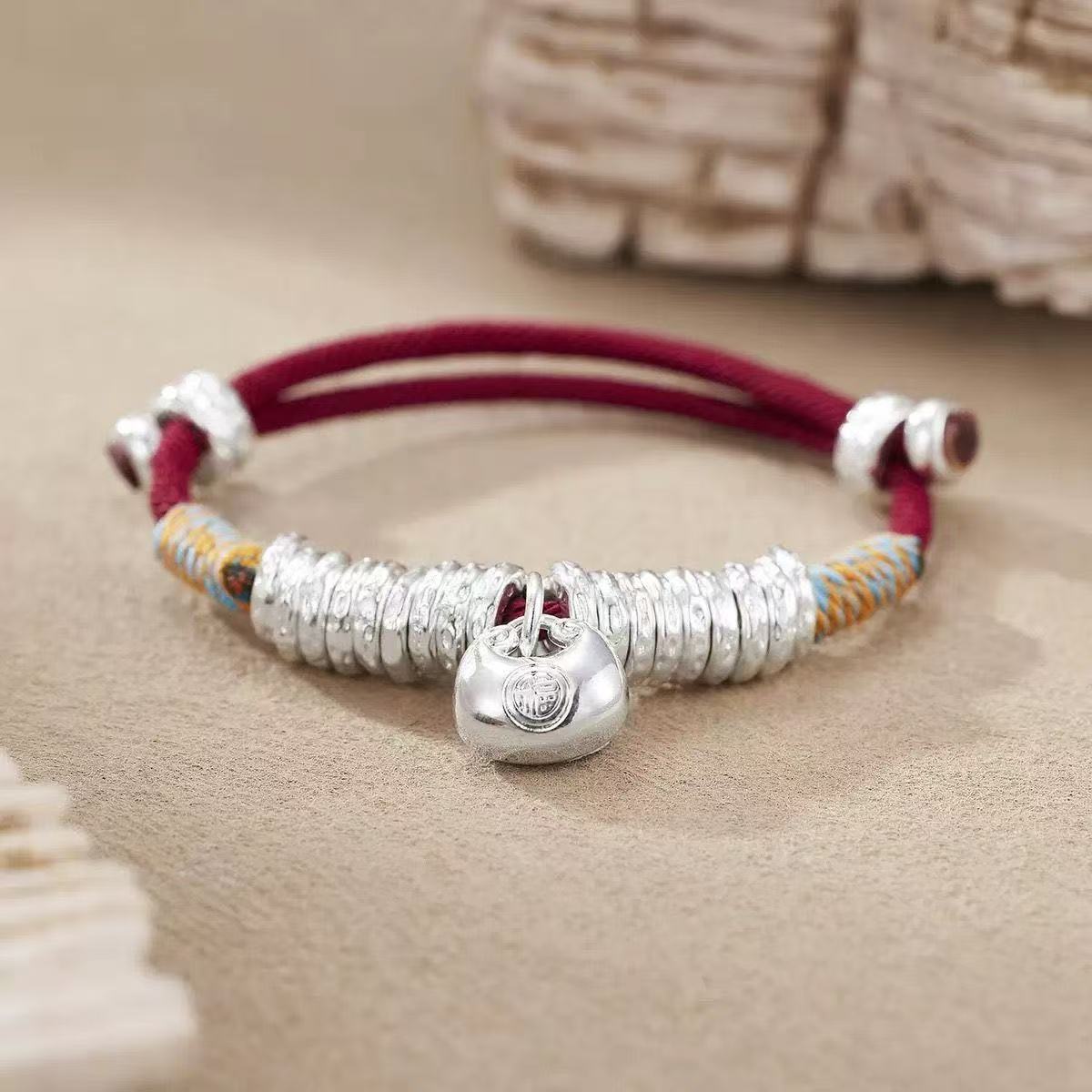 足银手镯 999.9 红绳小胖福手链盘缠 S249