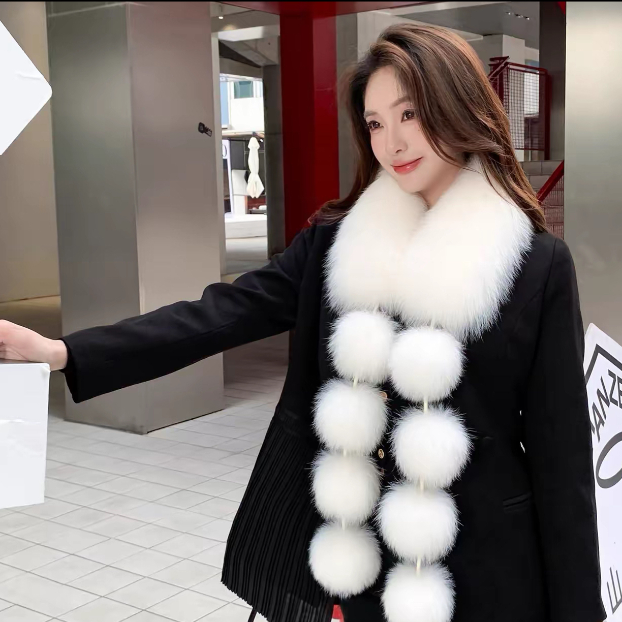 新款走秀真狐狸毛球皮草围巾女秋冬韩版百搭保暖披肩围脖