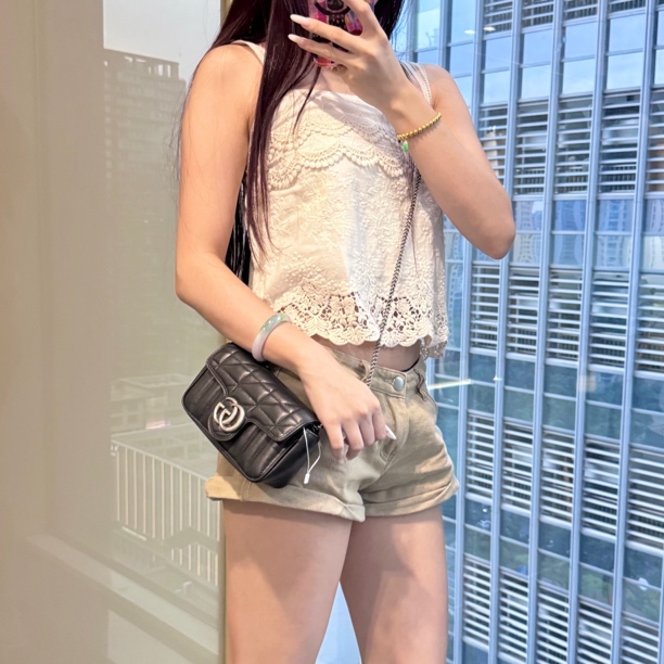 99新 GUCCI/古驰 黑银mini马蒙斜挎包/7308