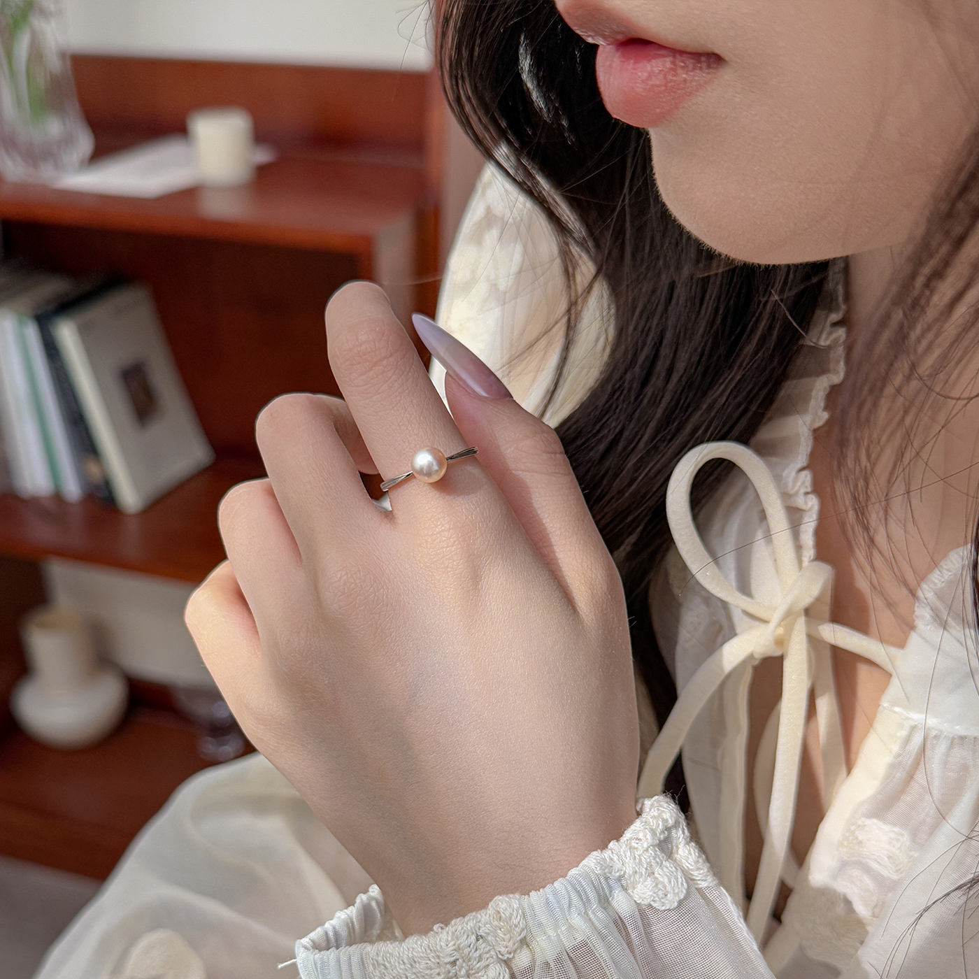 婉娅 S925纯银天然淡水珍珠戒指女时尚小众设计高级感食指可调节