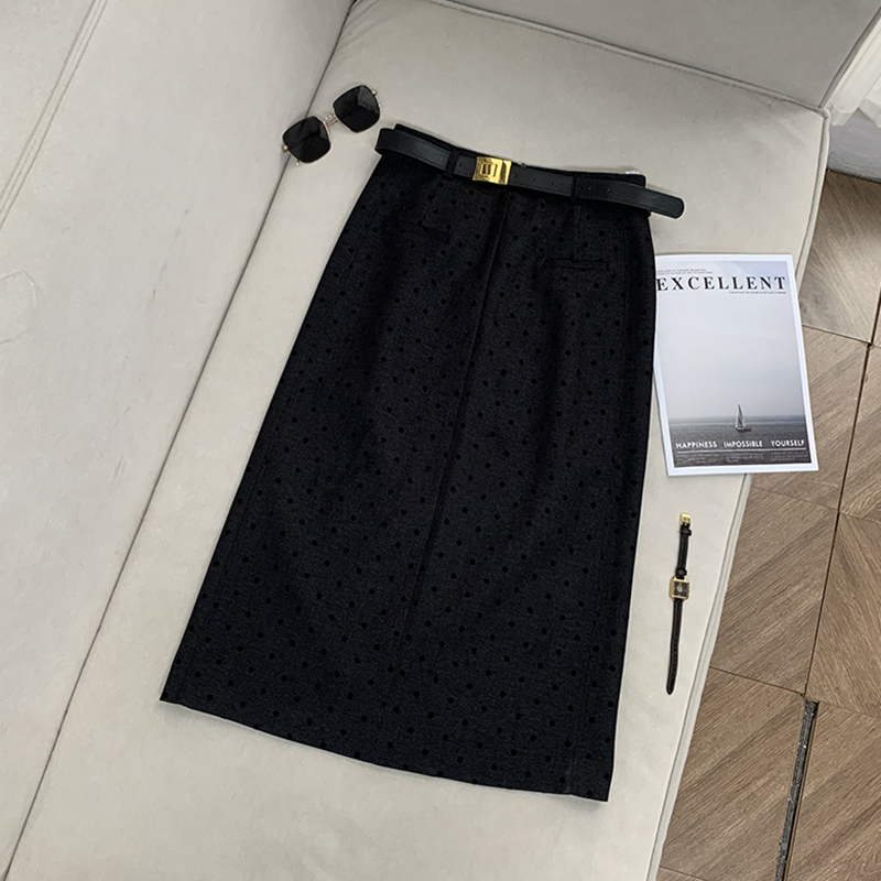 【南油溪溪】植绒波点半身裙中长款秋冬高腰显瘦开叉半身长裙802028