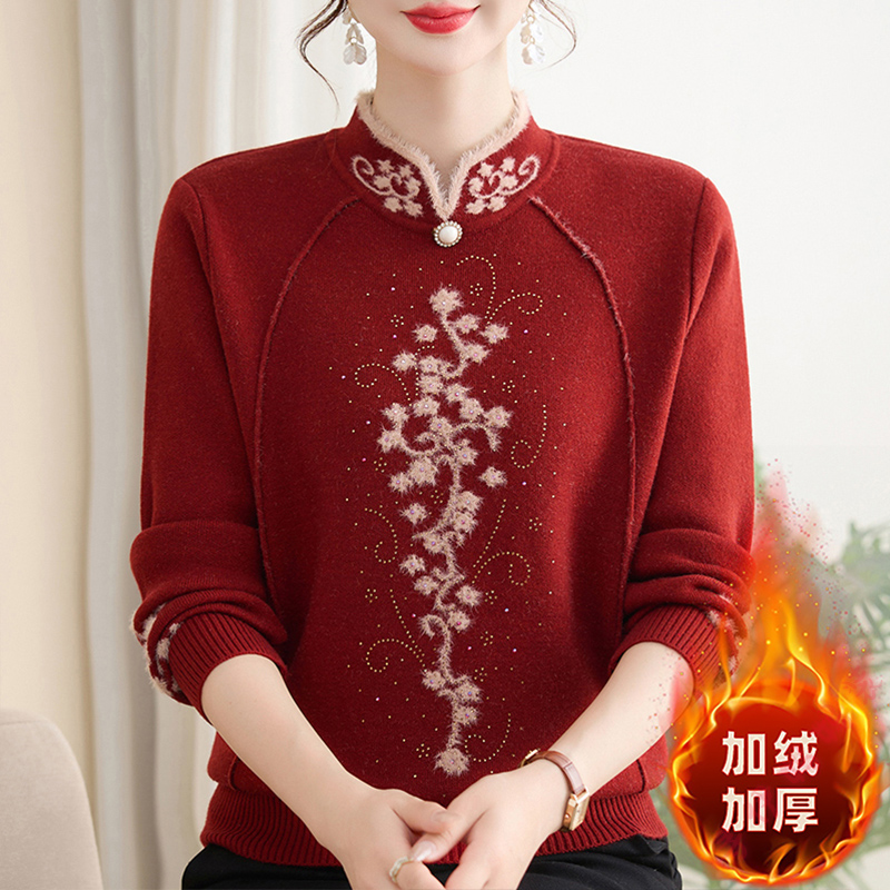 新款时尚冬季妈妈装针织一体绒毛衣中老年女洋气加绒加厚打底衫女