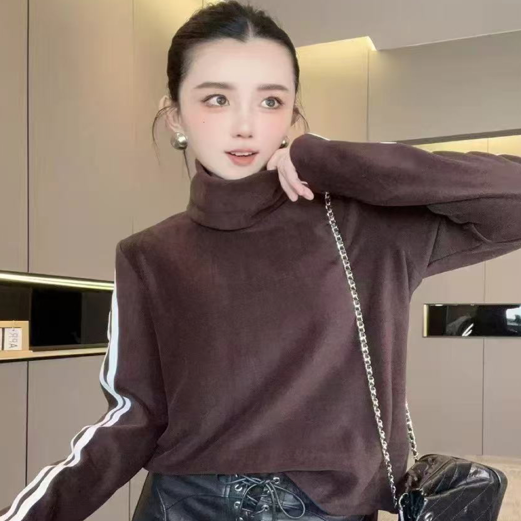 欧货女装2025秋冬新款侧条纹堆堆领纯色时尚洋气百搭t恤