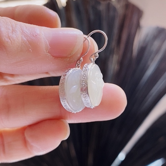 和田玉耳饰银S925镶嵌