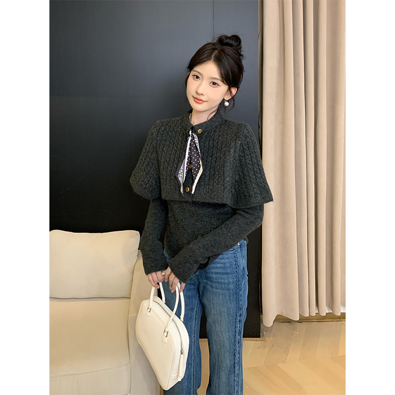 SHAOER【怦然心动】复古高级感灰色斗篷披肩针织毛衣S725Z18484