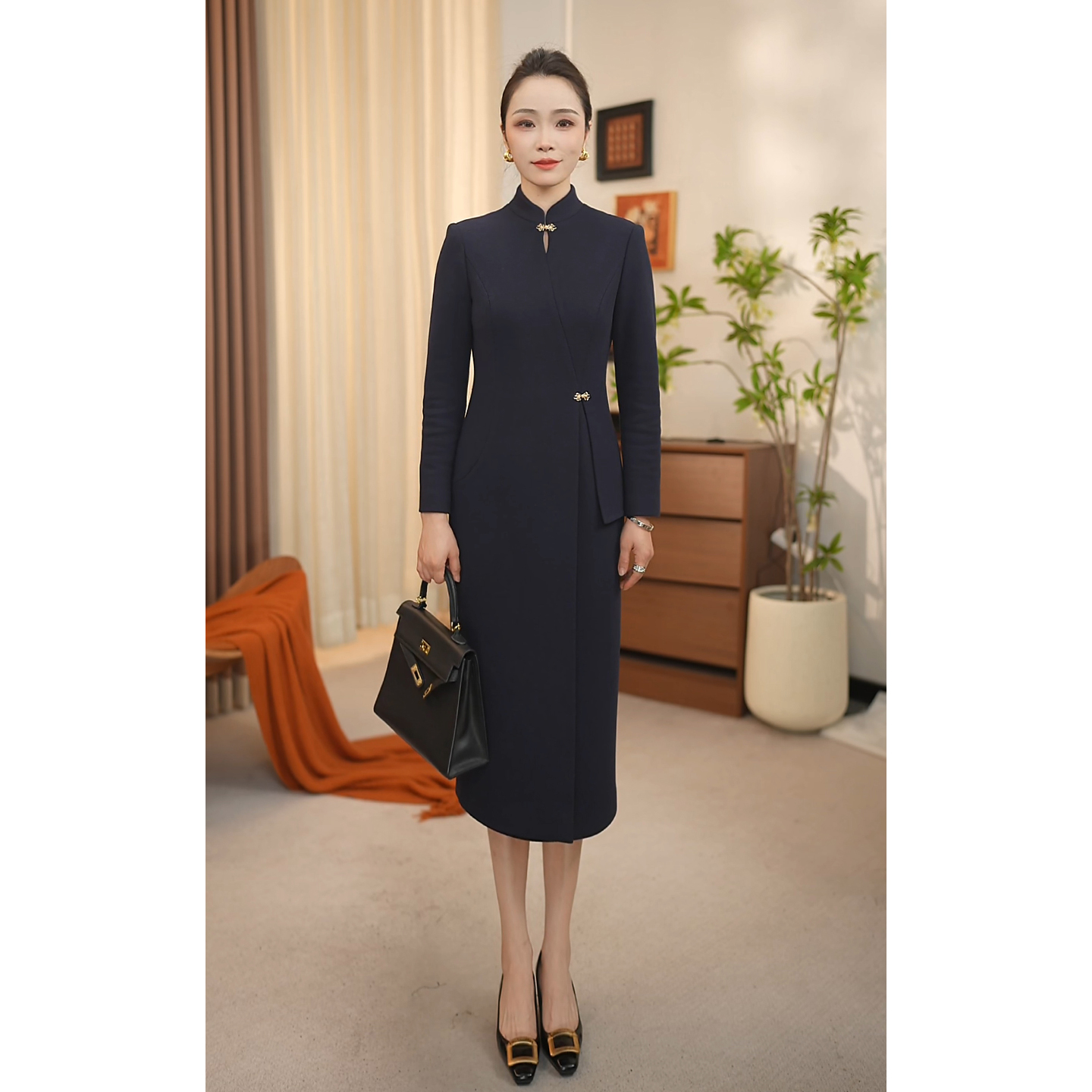 CC冬季气质优雅深藏青色旗袍裙显瘦高腰修身轻奢女神PL2076Z
