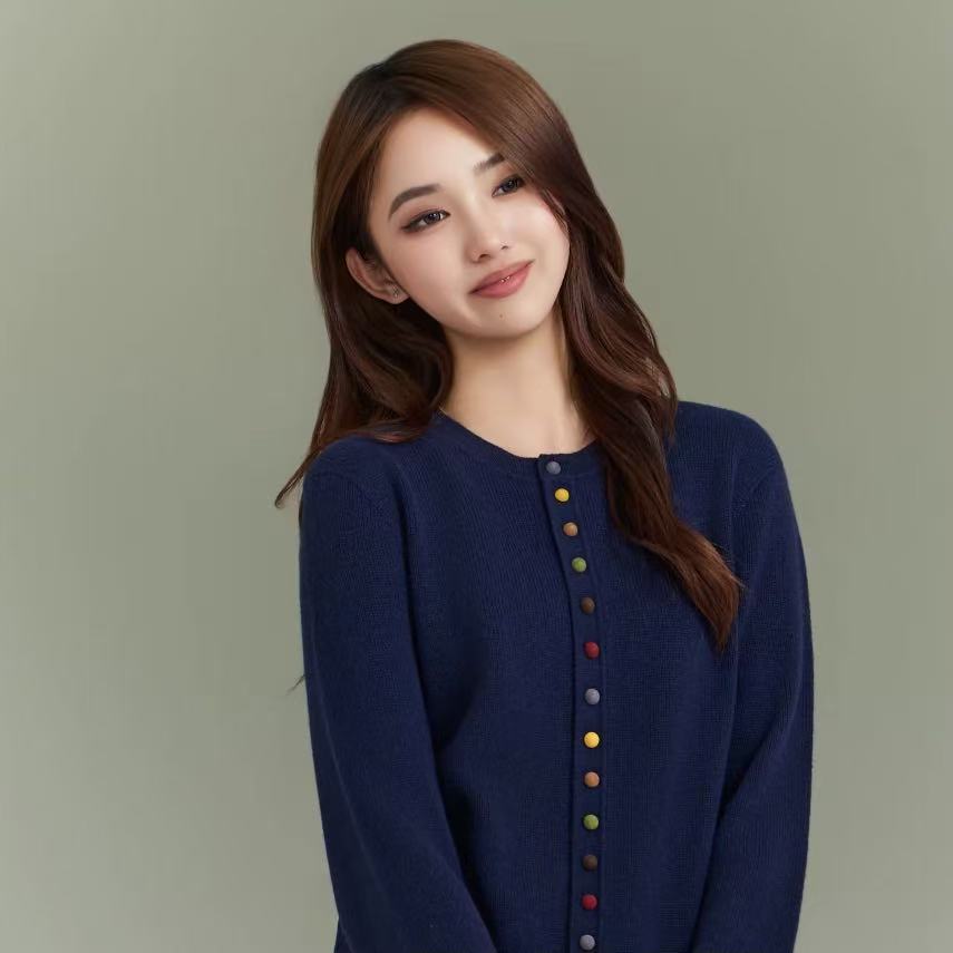 GIRDEAR/哥弟秋冬简约百搭设计感彩色纽扣山羊绒针织开衫148064