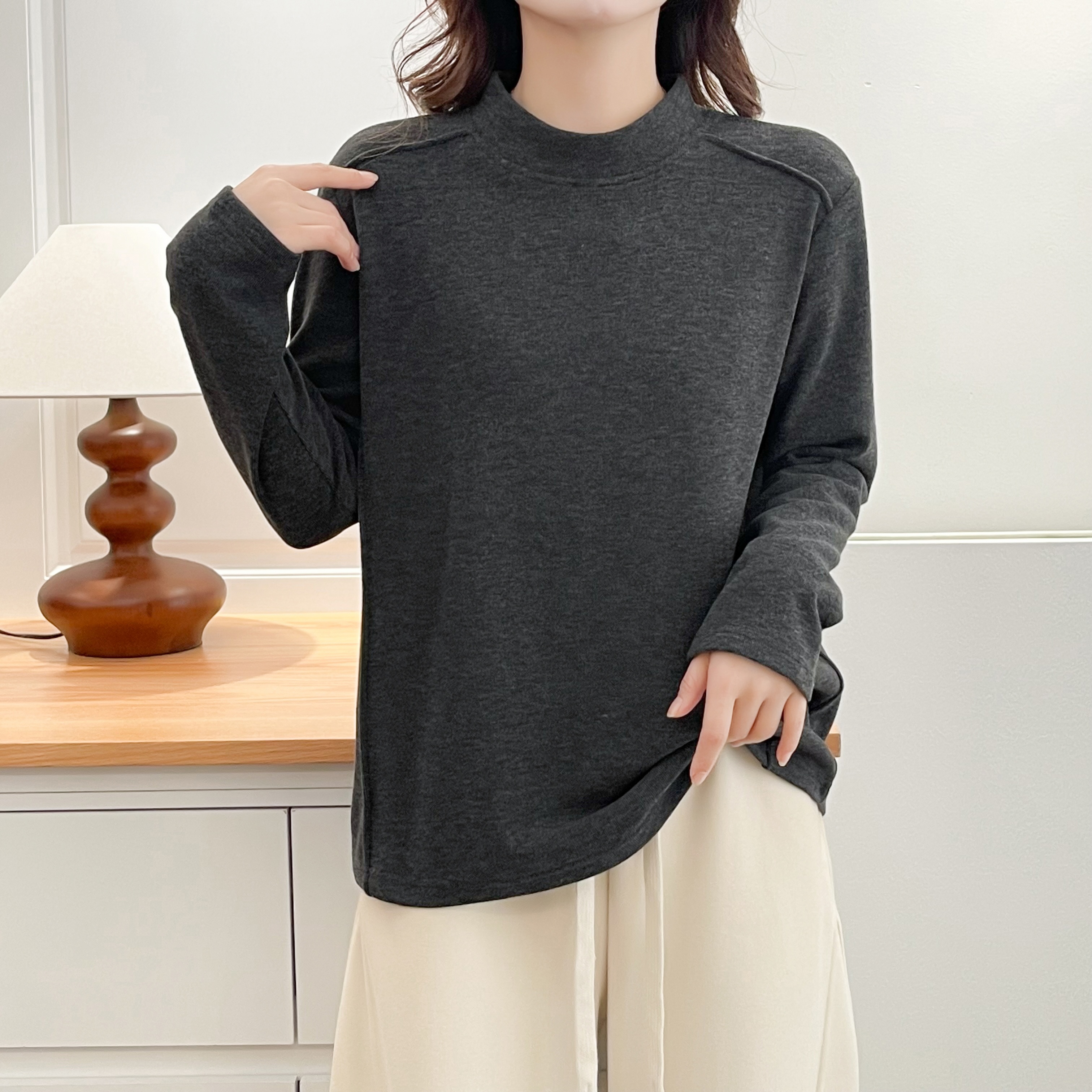 胖mm秋冬季新款半高领加绒双面磨毛长袖显瘦韩版女士秋冬长袖T恤