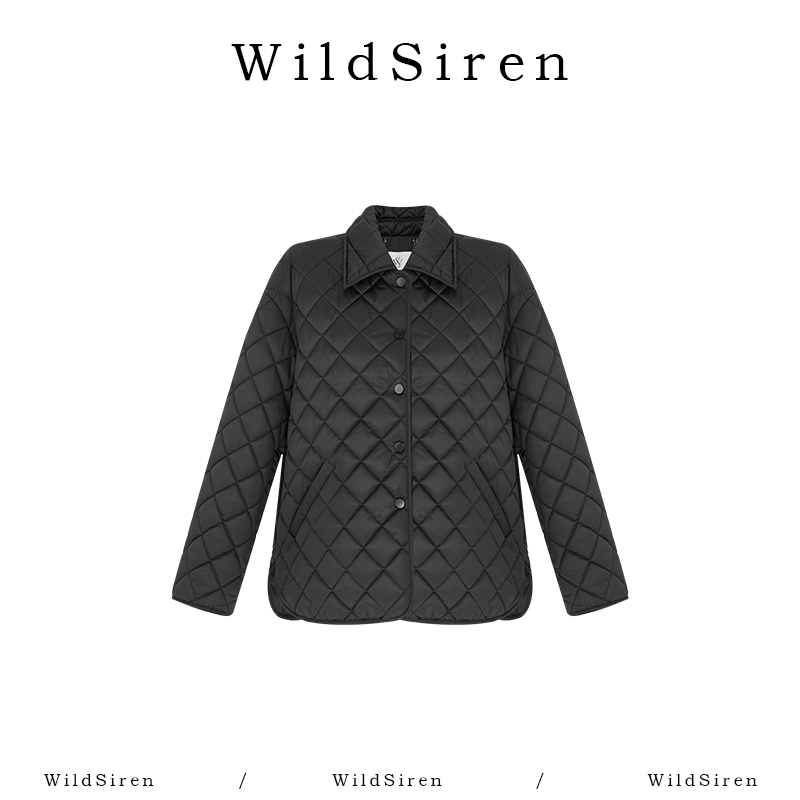 【Wildsiren】秋冬棉服保暖经典翻领黑色菱格纹休闲短款外套370072