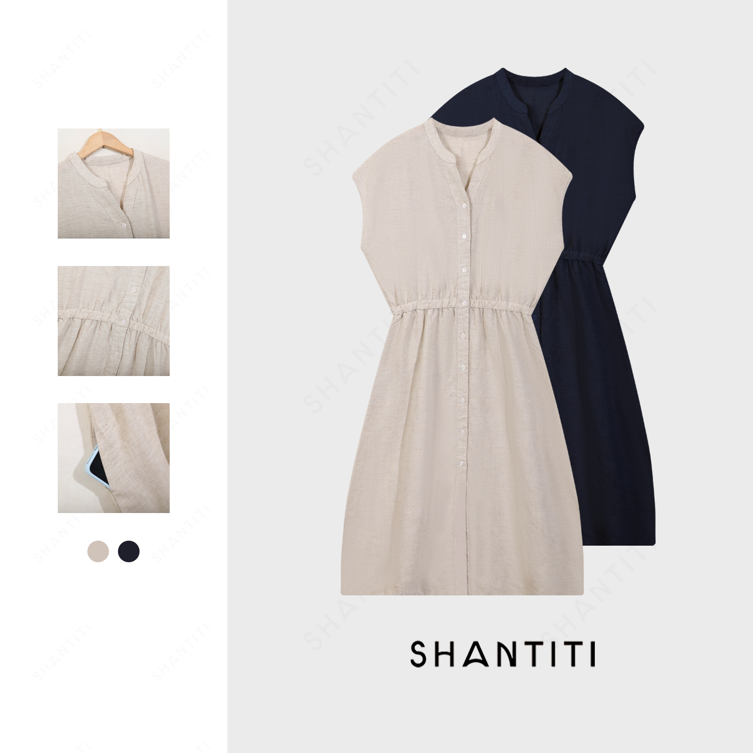 『小飞袖亚麻连衣裙』女士夏季显瘦遮手臂连衣裙新款收腰显气质裙子