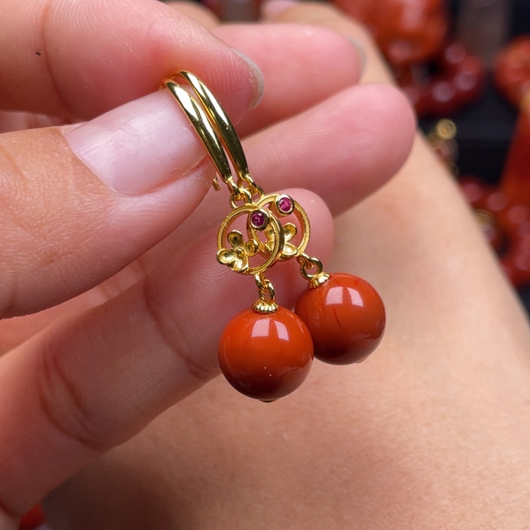 南红玛瑙珠宝奇石银S925镶嵌耳环