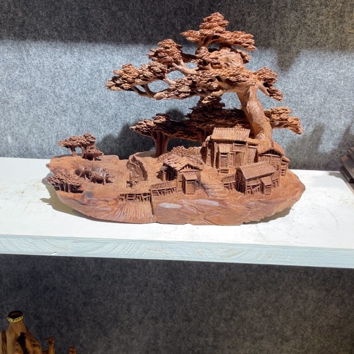 柏木（崖柏）荷**月红花梨山里人家摆件工艺品