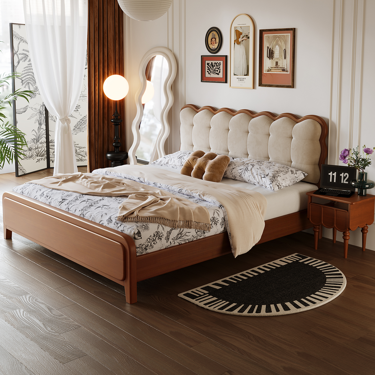 奶油复古中古风婚床法式美式现代简约布艺真皮软靠主卧双人大床