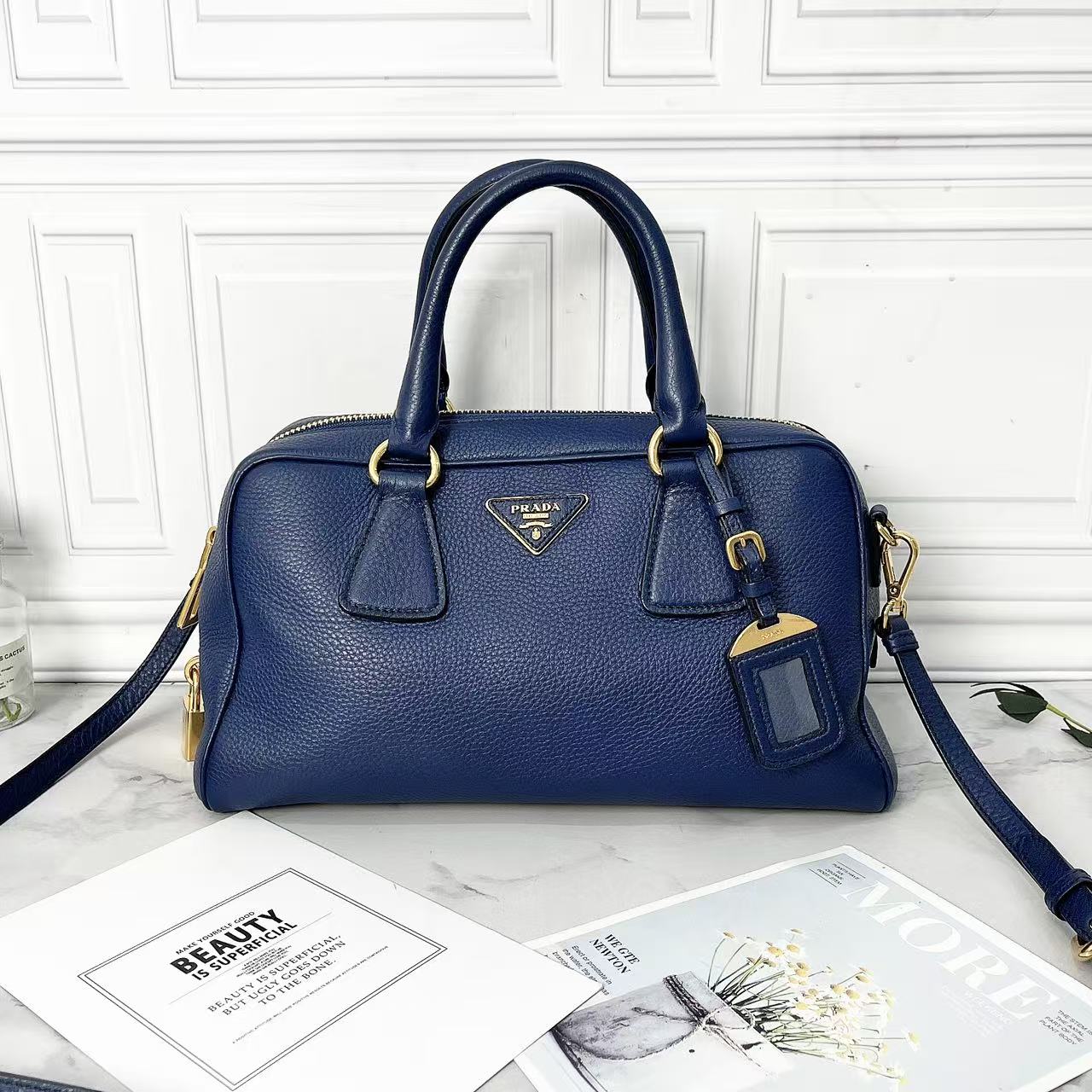 95新 Prada/普拉达 Prada/普拉达蓝色波士顿手提斜挎包