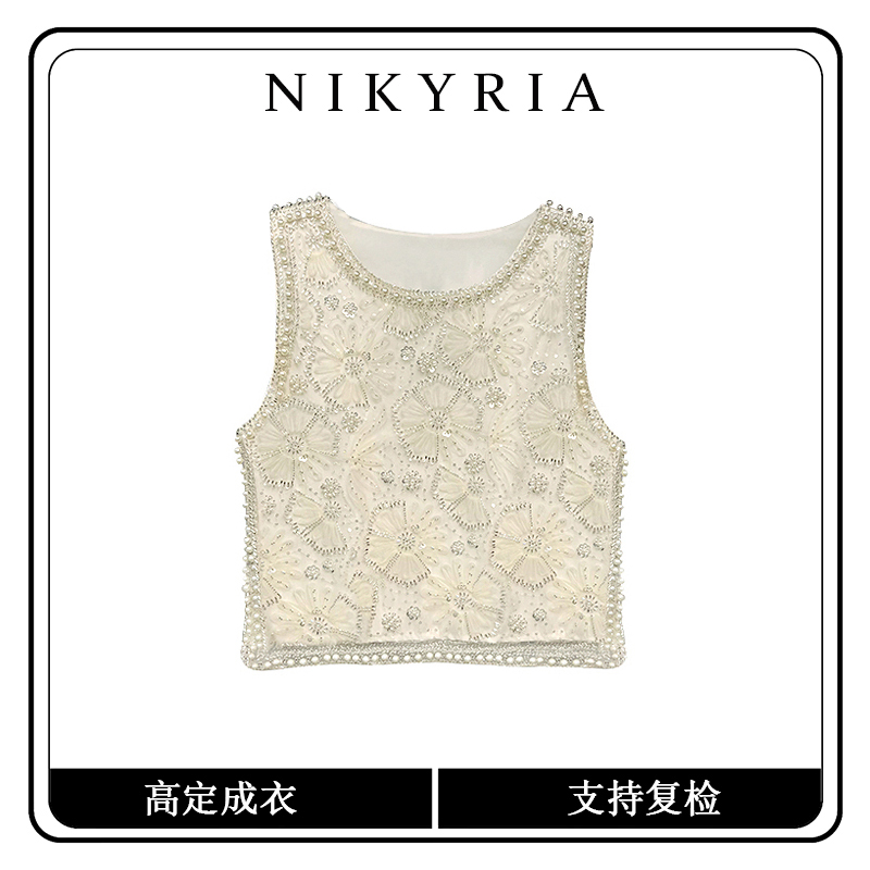 【寻梦花茶】 新品无袖上衣轻奢重工亮片蕾丝花朵女装背心时尚马甲