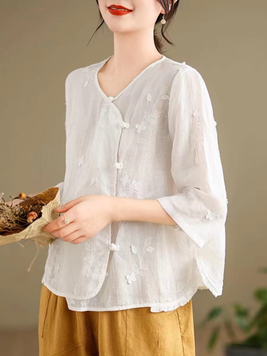 麻料刺绣斜襟文艺复古中式茶服女装衬衫夏季新款上衣